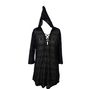 APT. 9 Black Mesh Sheer Hooded Swim Cover Up Dress Size Large Tie Lace Up
